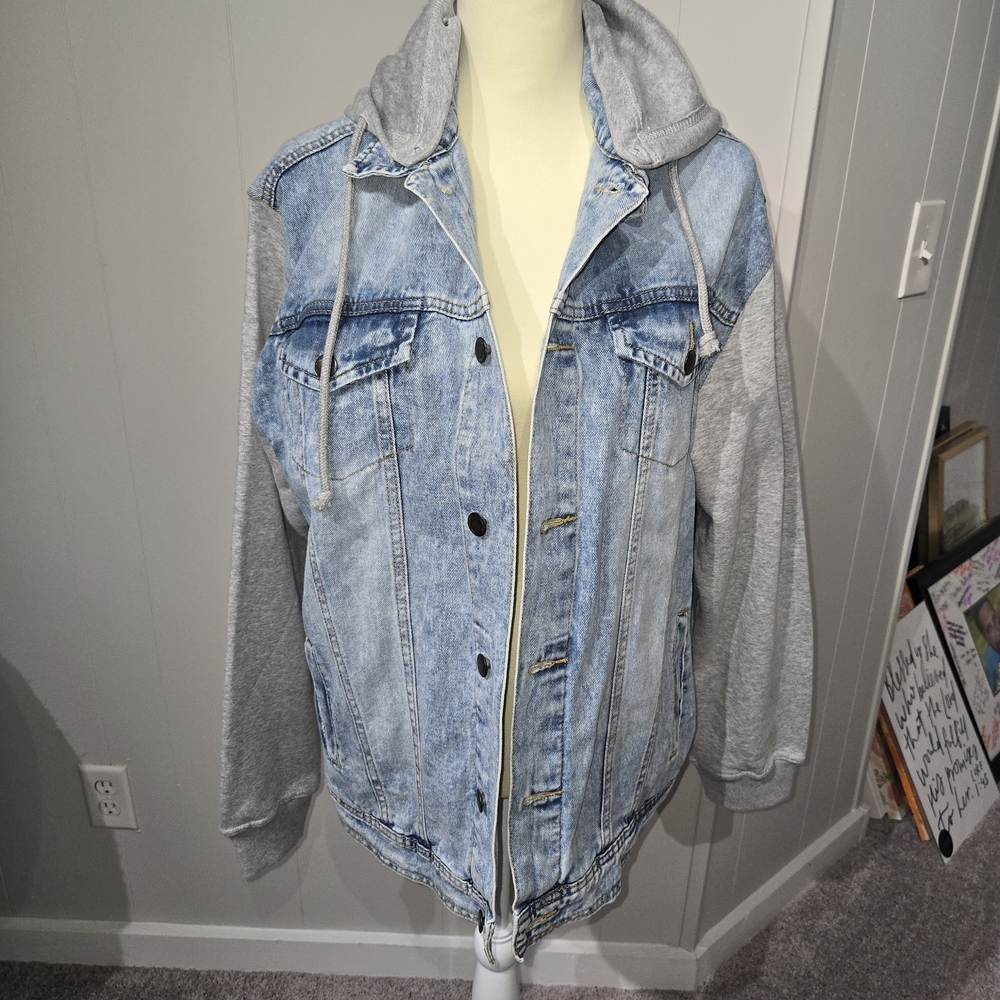 Denim and Gray Hoodie Jacket